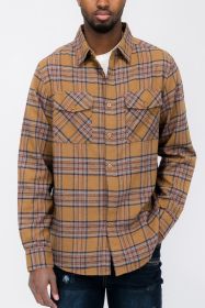 LONG SLEEVE FLANNEL FULL PLAID CHECKERED SHIRT (Color: MOCHA SKY, size: S)