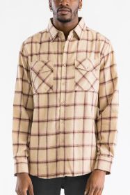 LONG SLEEVE FLANNEL FULL PLAID CHECKERED SHIRT (Color: KHAKI PINK, size: M)