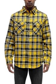 LONG SLEEVE FLANNEL FULL PLAID CHECKERED SHIRT (Color: YELLOW BLACK, size: L)