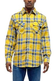 LONG SLEEVE FLANNEL FULL PLAID CHECKERED SHIRT (Color: YELLOW SKY, size: M)