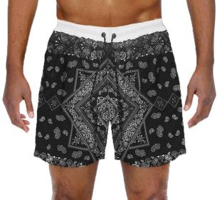 Paisley Bandana Print Swim Trunks Board Shorts (Color: Black, size: XL)